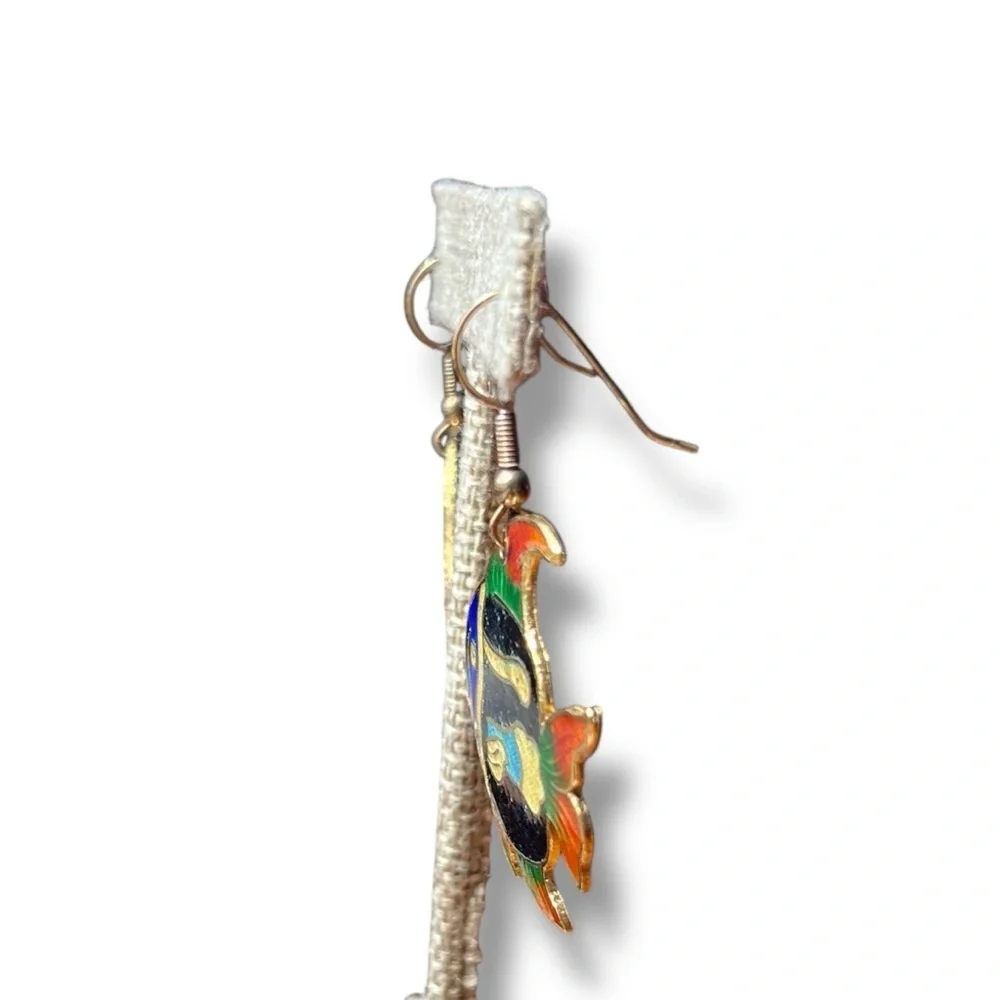 Vintage Cloisonné Colorful Tropical Fish Hook Earrings